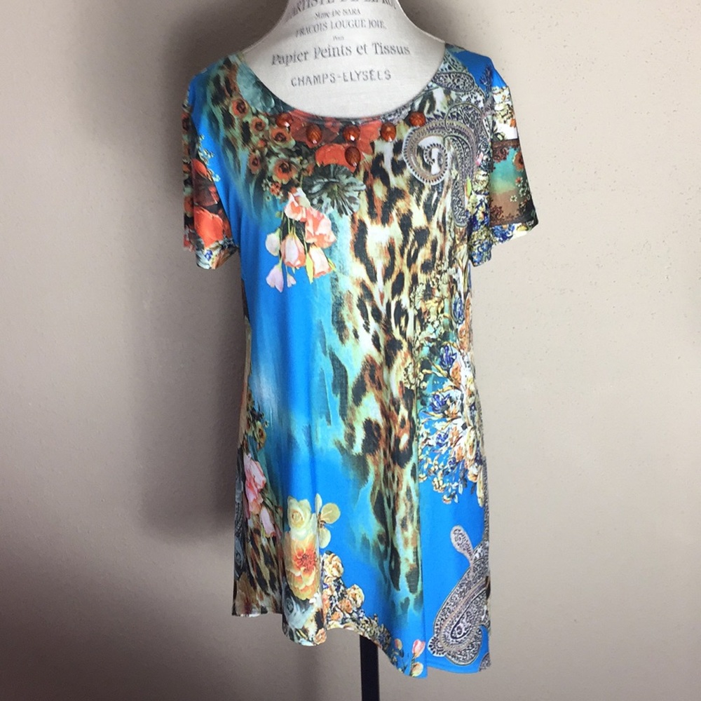 Max & Rina Floral Leopard Tunic Jewel Bead Accents